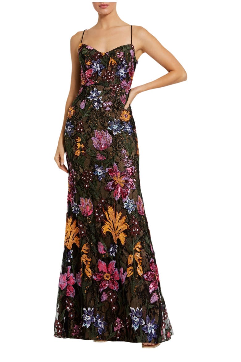 Spaghetti Strap Floral Embroidered Gown, Main, color, Black Multi