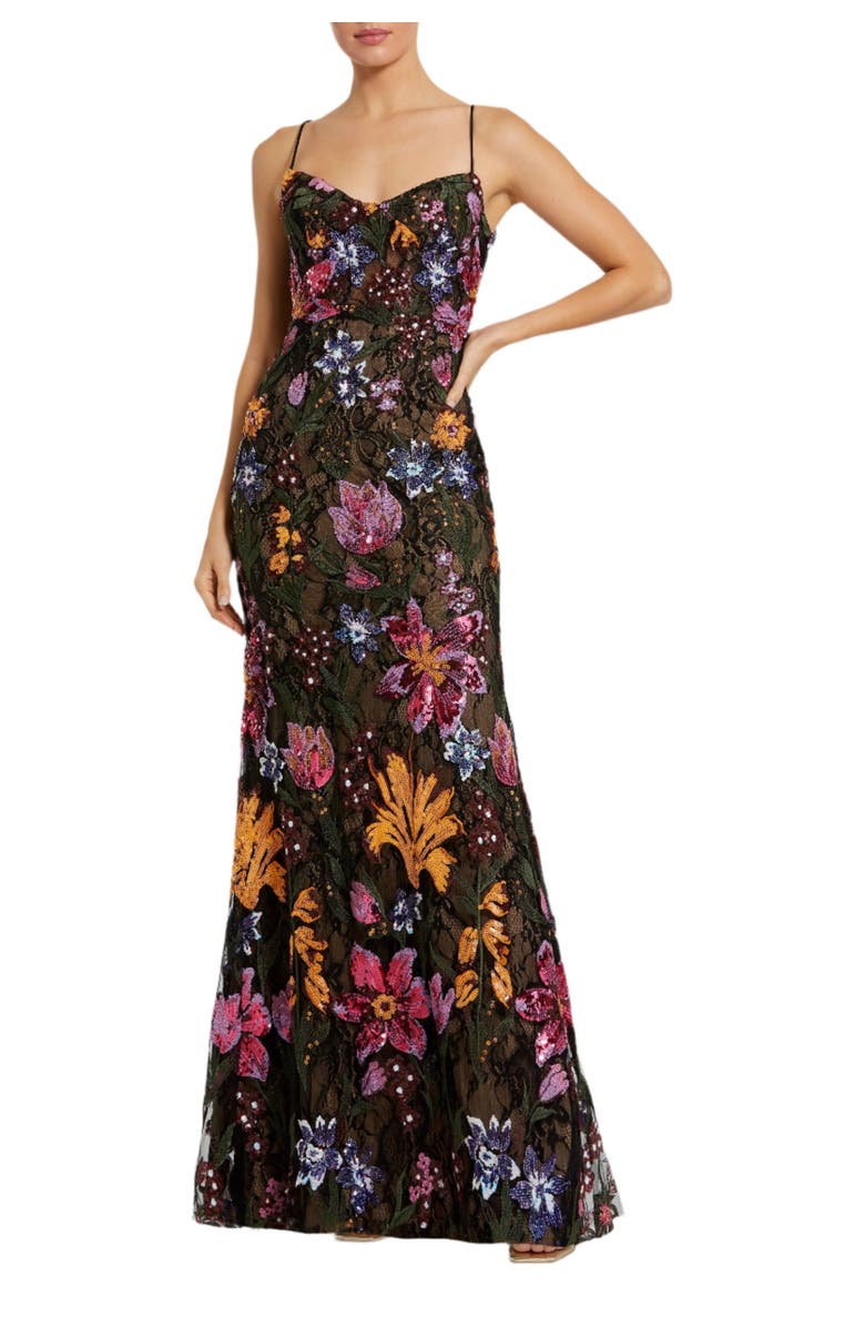 Mac Duggal Spaghetti Strap Floral Embroidered Gown, Main, color, Black Multi