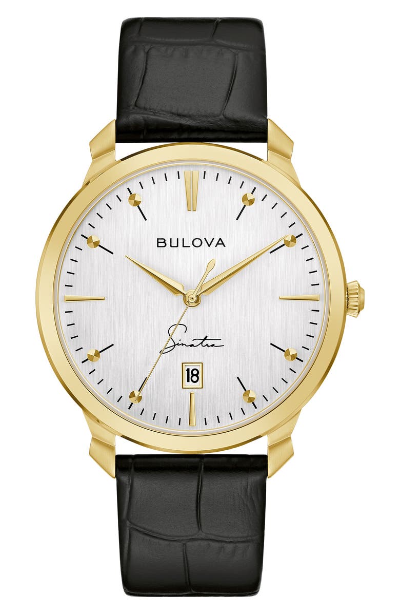 BULOVA Frank Sinatra Leather Strap Watch, 41mm x 9mm, Main, color, Black