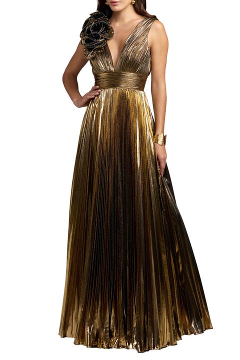 Sleeveless Metallic V-Neck Gown With Ruffle Detail