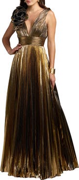 Mac Duggal Sleeveless Metallic V-Neck Gown With Ruffle Detail