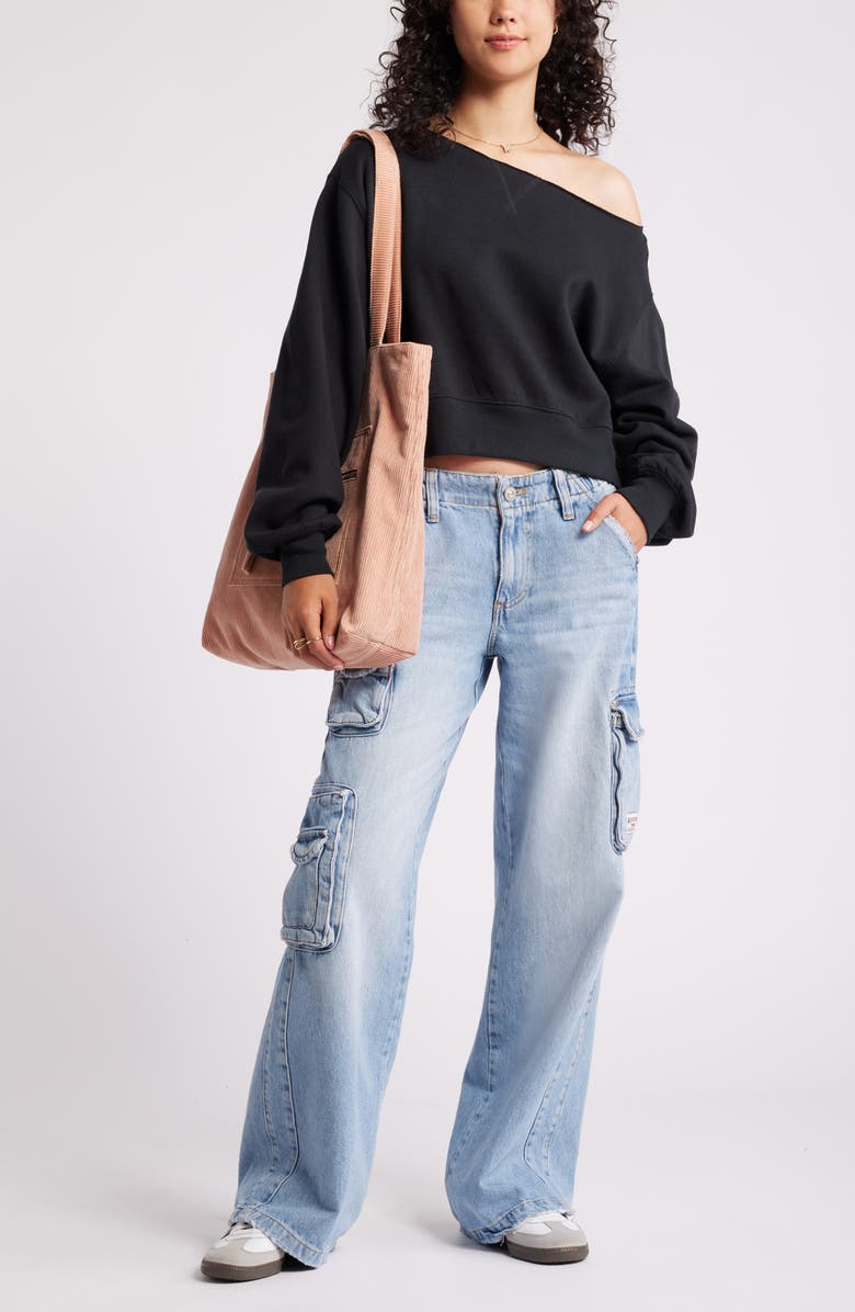 BP. Fleece Detail Off the Shoulder Sweatshirt, Alternate, color, Black Jet