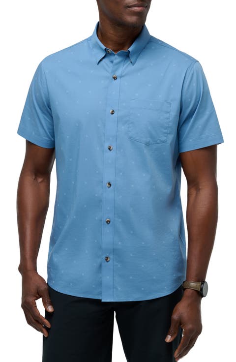 Across the Pond Geo Print Short Sleeve Stretch Button-Up Shirt