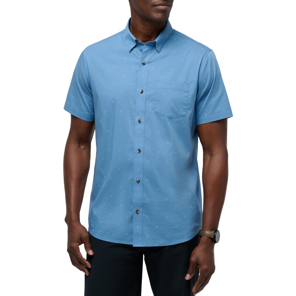 Travismathew Across The Pond Geo Print Short Sleeve Stretch Button-up Shirt In Quiet Harbor
