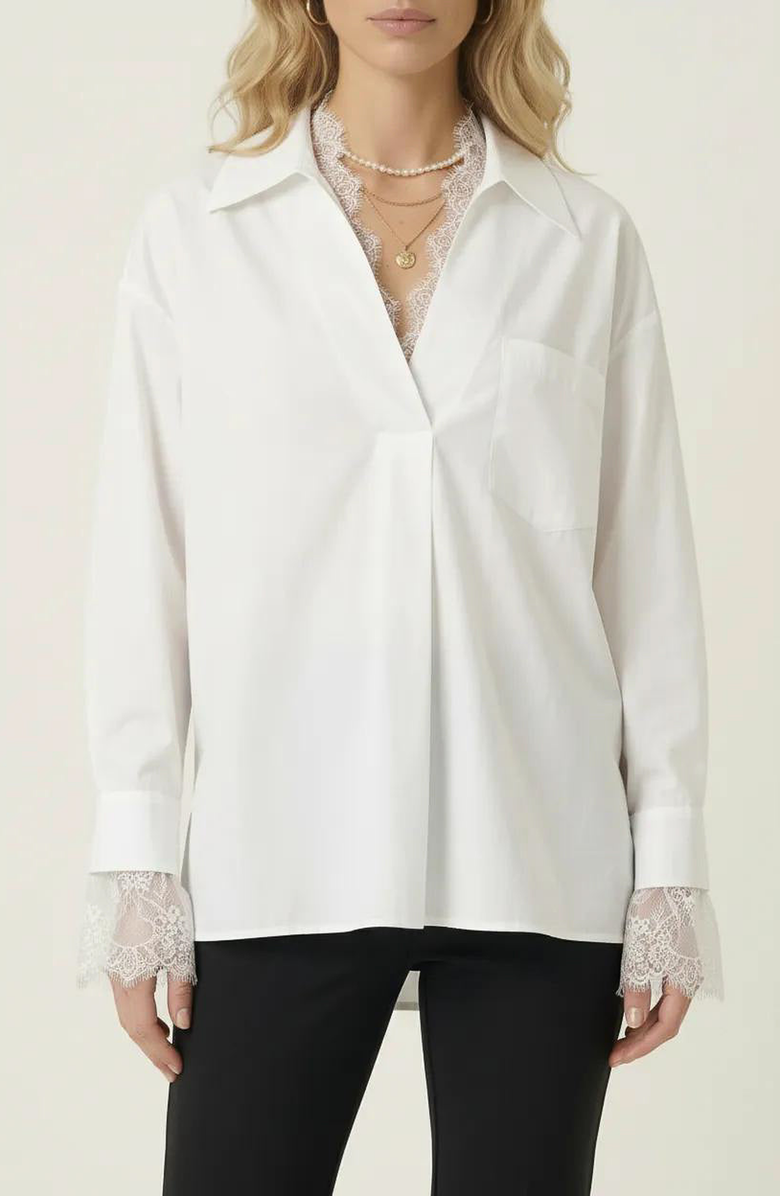 Modenaire Lace Trim Collared Blouse, Alternate, color, White