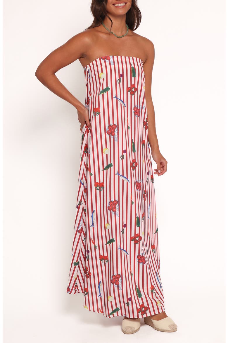 Soph Picnic Print Strapless Maxi Dress, Alternate, color, RED PICNIC STRIPE