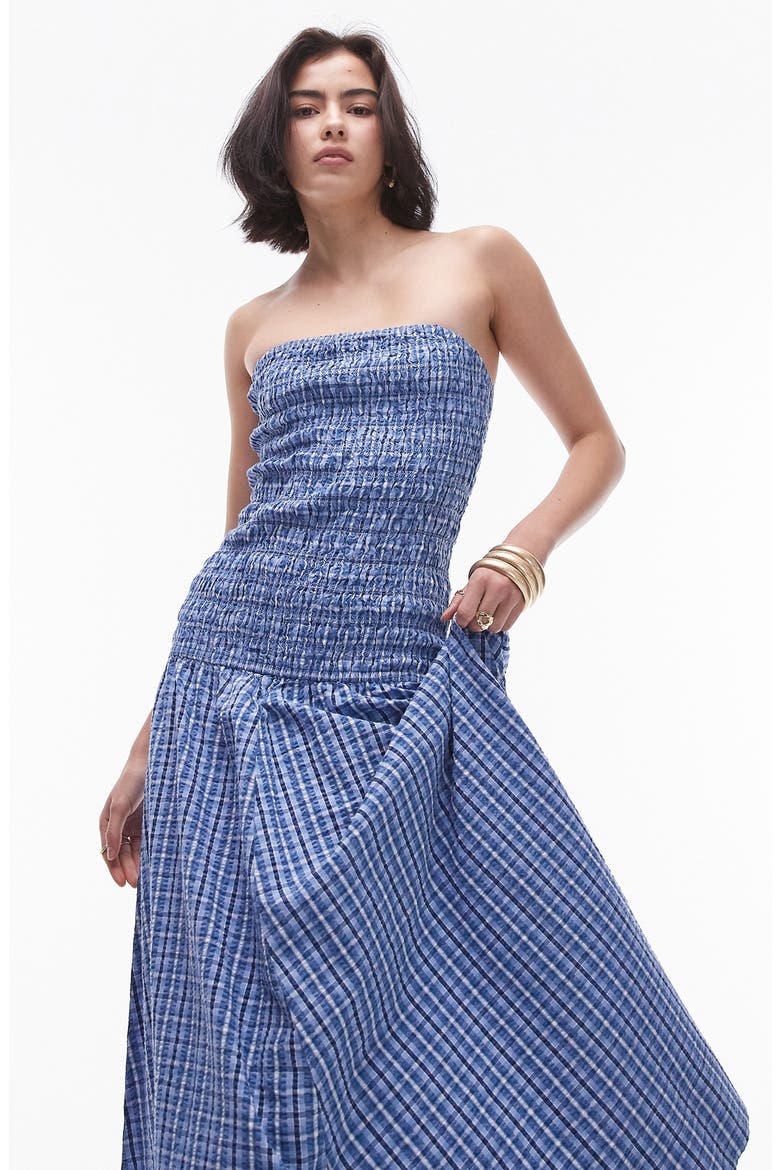 Plaid Smocked Strapless Cotton Maxi Dress, Alternate, color, MEDIUM BLUE