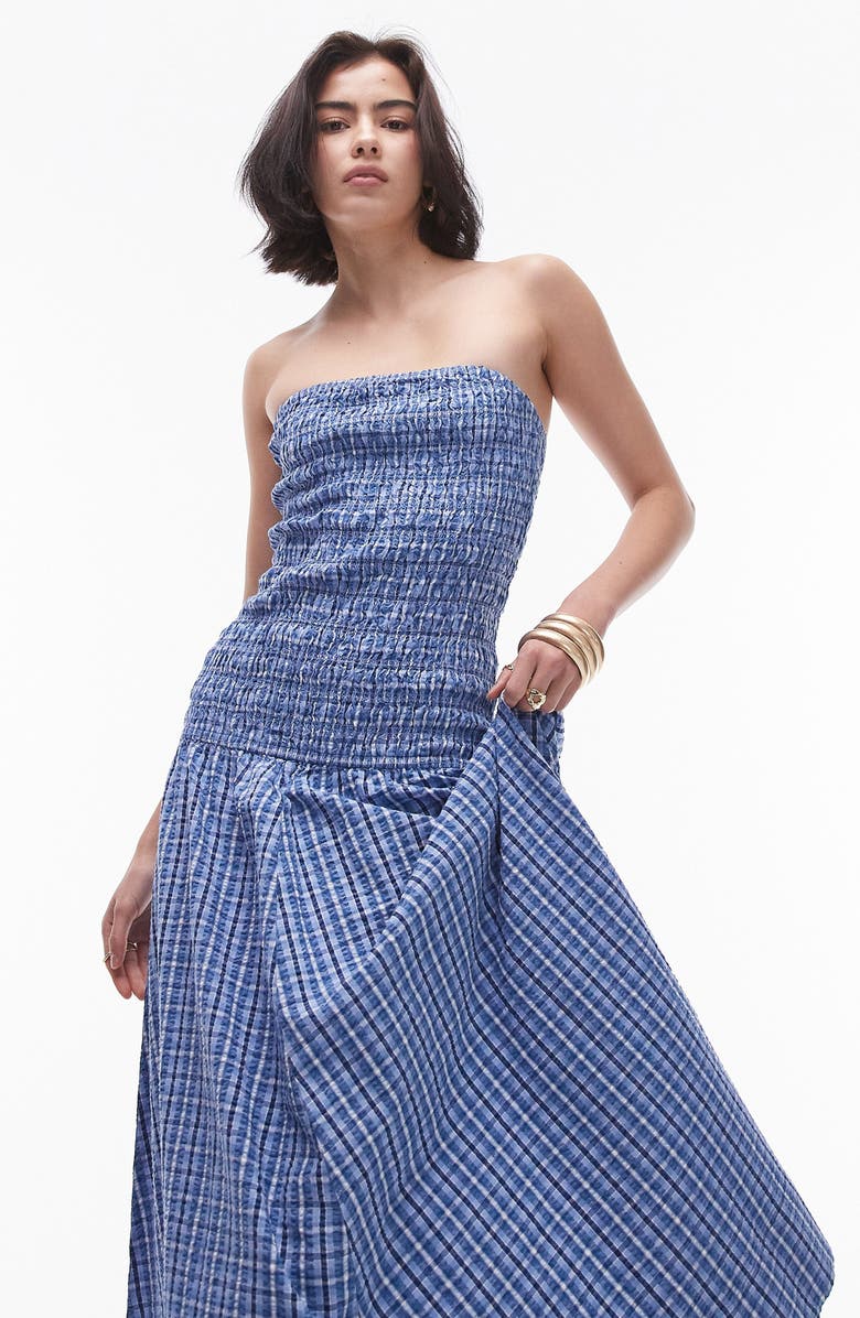 Topshop Plaid Smocked Strapless Cotton Maxi Dress, Alternate, color,