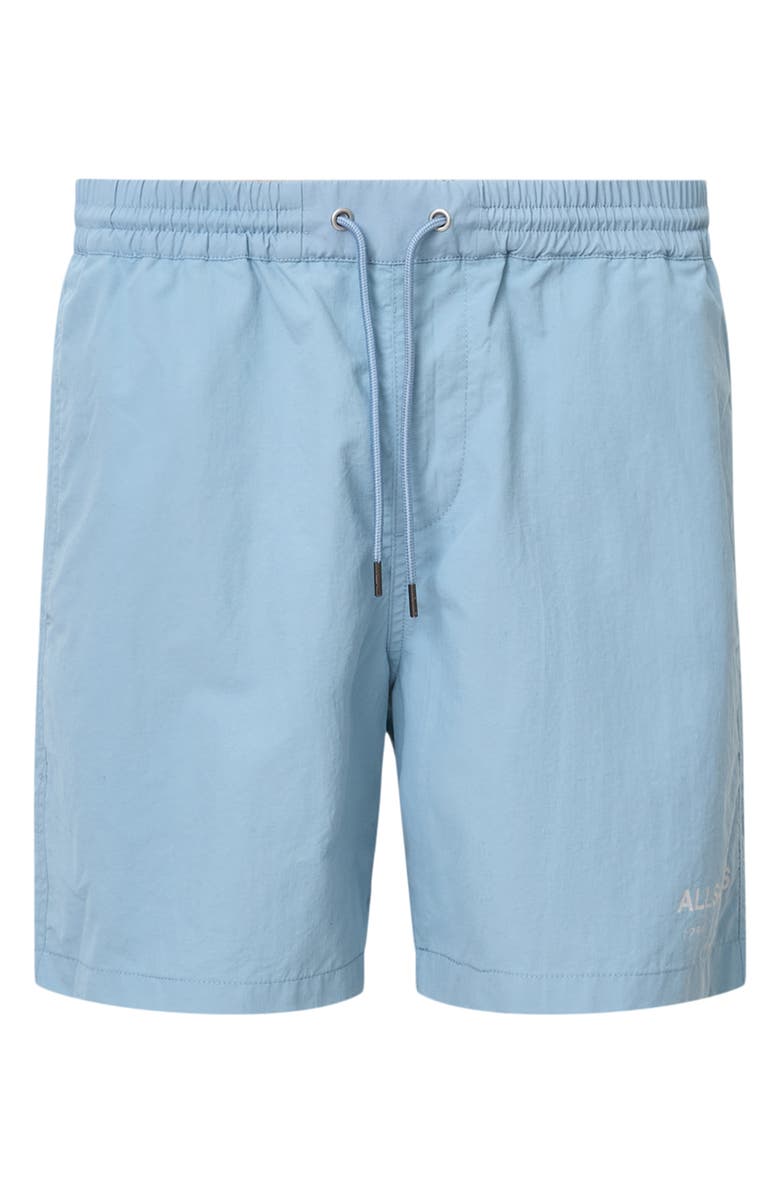 AllSaints Underground Logo Print Swim Trunks, Alternate, color, Bondi Blue