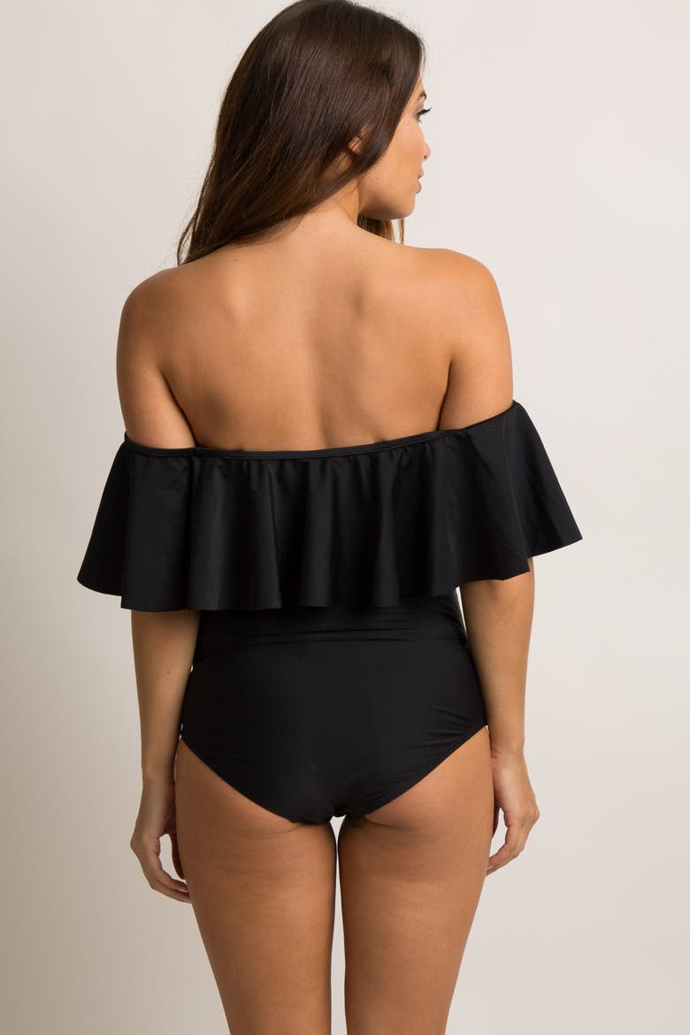 Ruffle Trim Ruched One-Piece Maternity Swimsuit, Alternate, color, Black