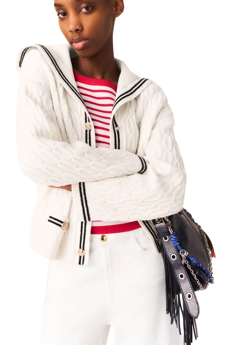 Boat neck cable-knit cardigan, Alternate, color, Ecru