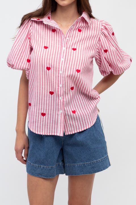 Short Sleeve Heart Embroidered Shirt