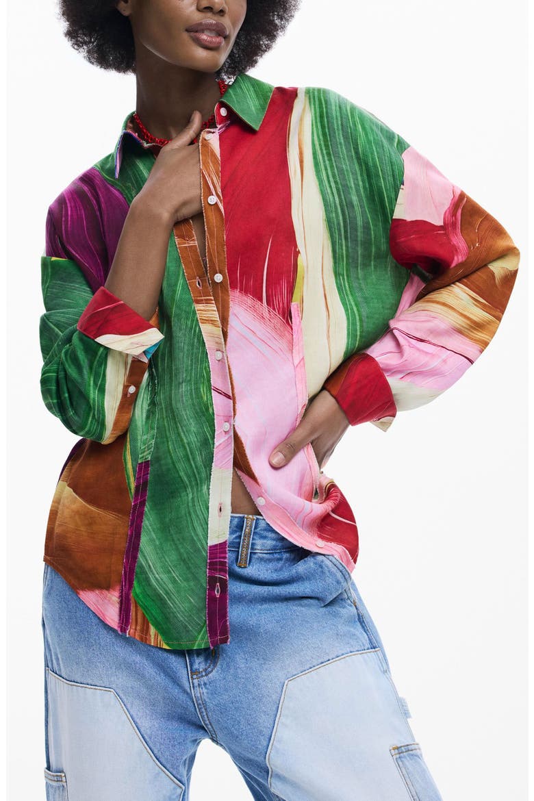 Abstract Print Button-Up Shirt, Main, color, GREEN MULTI