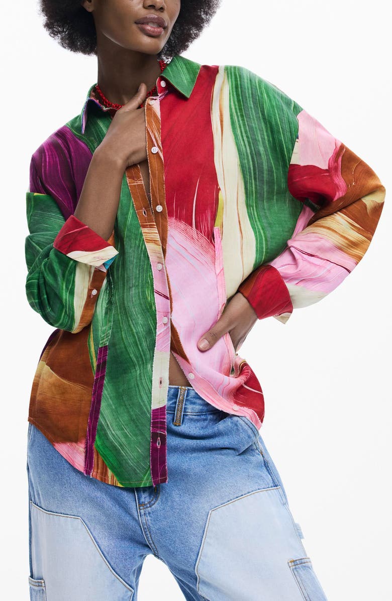 Desigual Abstract Print Button-Up Shirt, Main, color, Green Multi