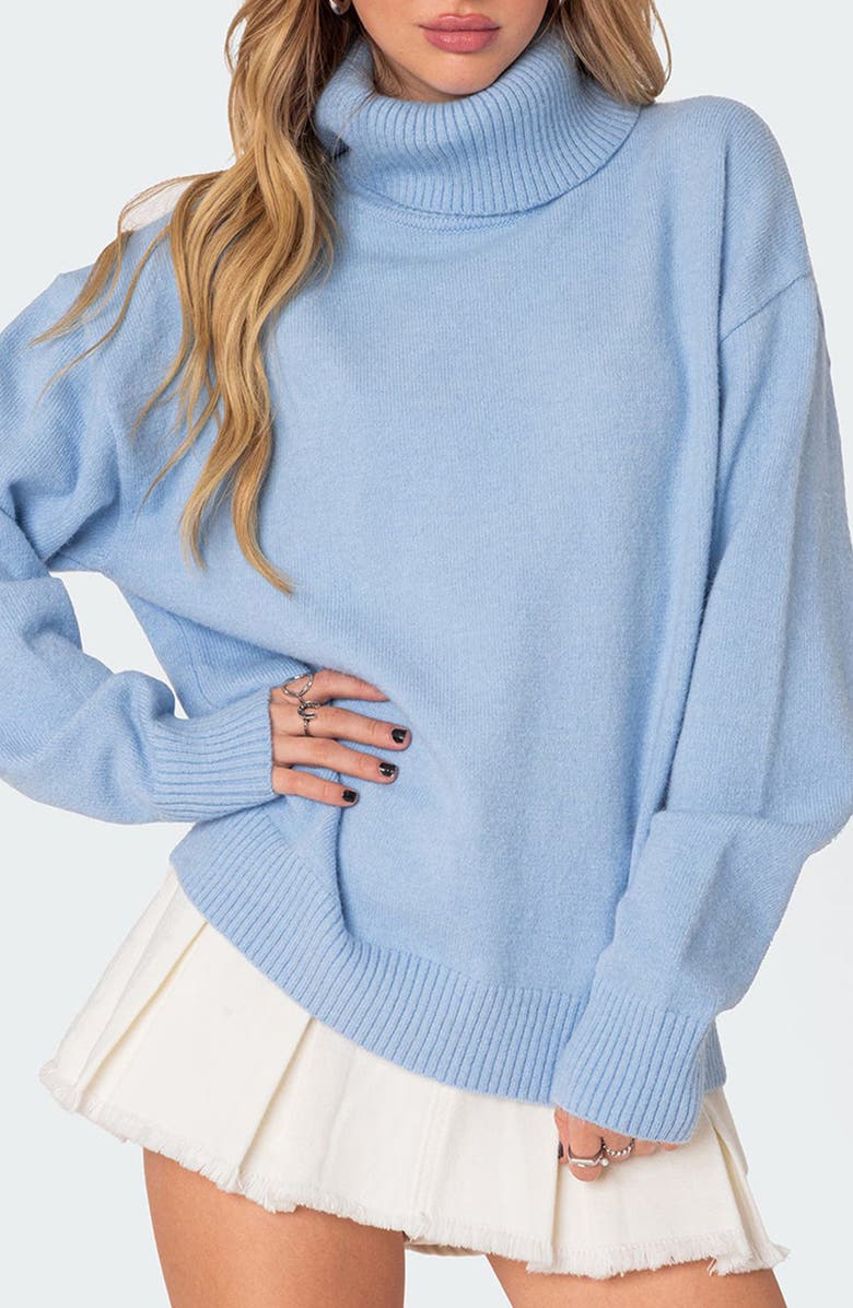 EDIKTED Isabelle Oversize Turtleneck Sweater, Main, color, Light-Blue