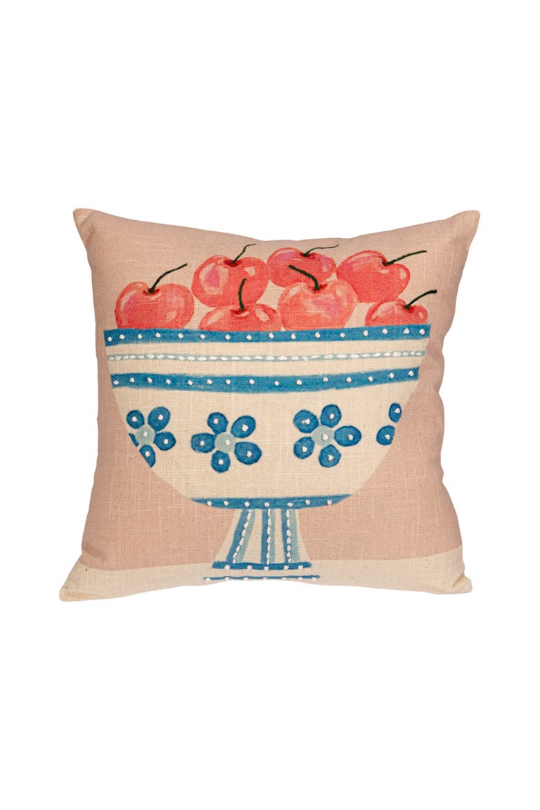 Cotton Printed Slub Pillow with Fruit Bowl, Embroidery and French Knots, Multicolor, Main, color, Pink