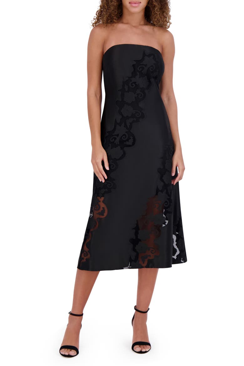 Embroidered Strapless Matte Satin Midi Dress, Main, color, BLACK