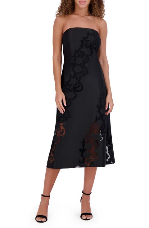 Embroidered Strapless Matte Satin Midi Dress