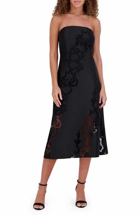 Embroidered Strapless Matte Satin Midi Dress