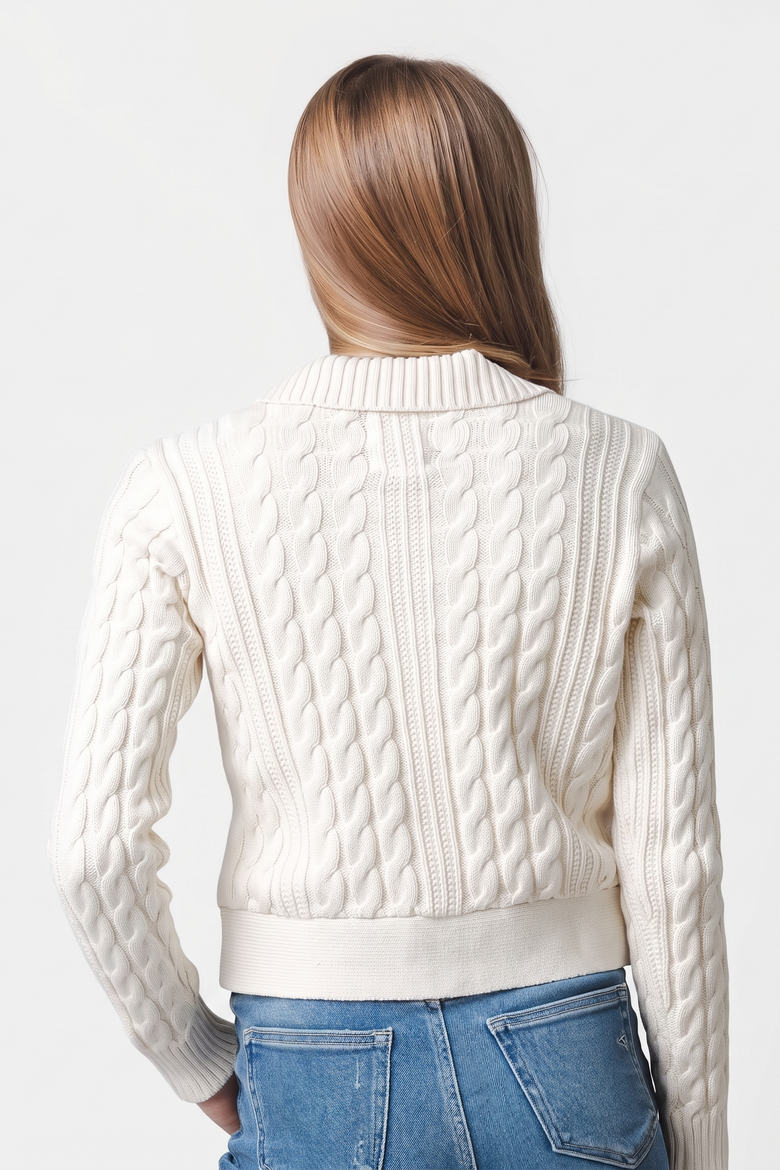 Women's Organic Cotton Cable Knit Collared Cardigan, Alternate, color, Ivory Cable