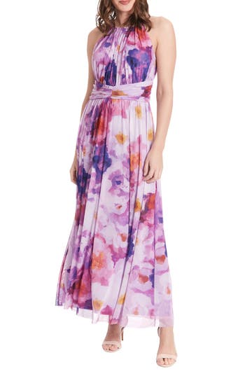 London Times Floral Halter Neck Ruched Waist Maxi Dress