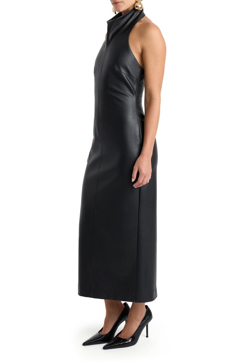Gina Faux Leather Halter Midi Dress, Alternate, color, BLACK