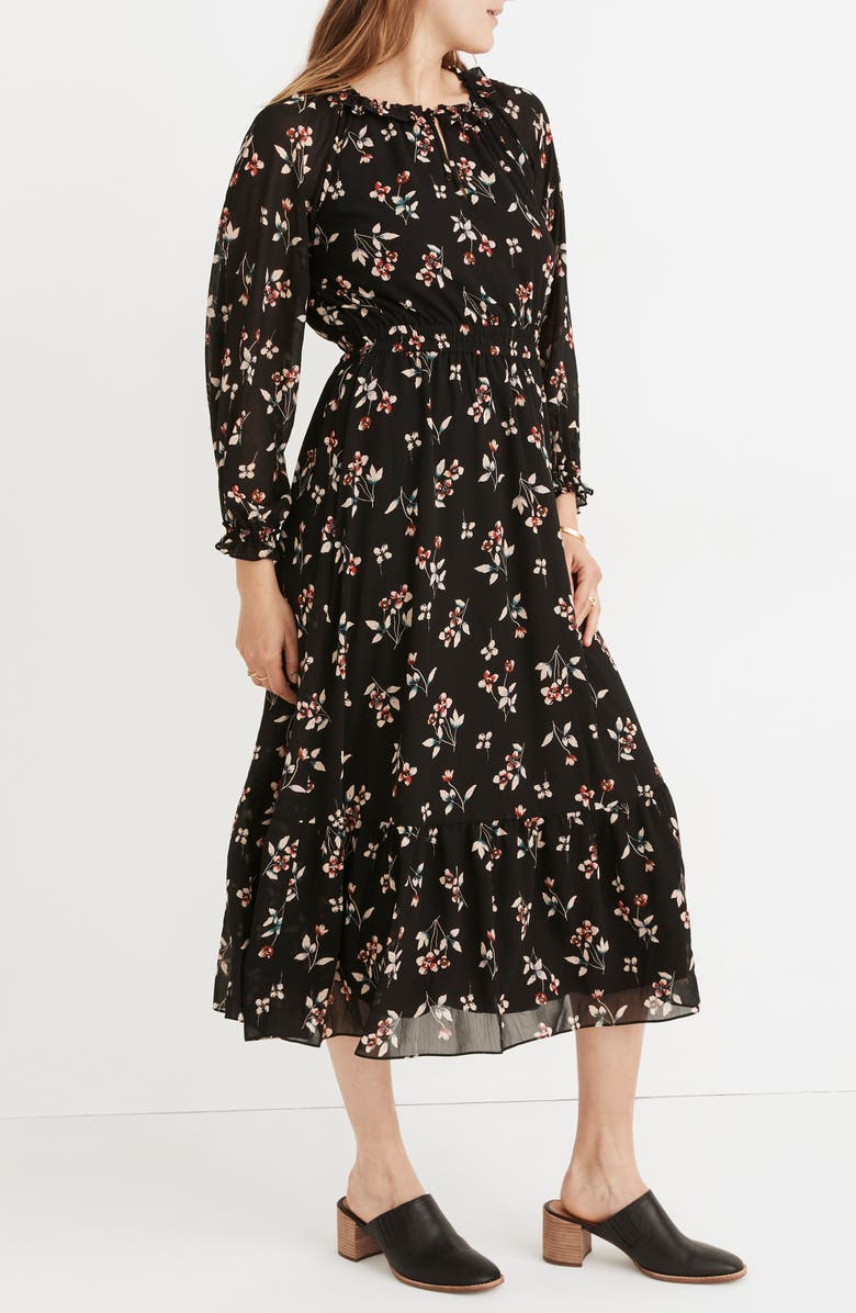 Madewell Posy Floral Gathered Neck Ruffle Dress, Alternate, color, True Black