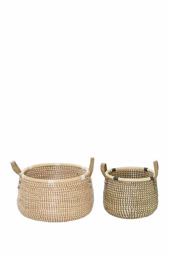 Brown Banana Leaf Contemporary Storage Basket with Handles - Set of 2