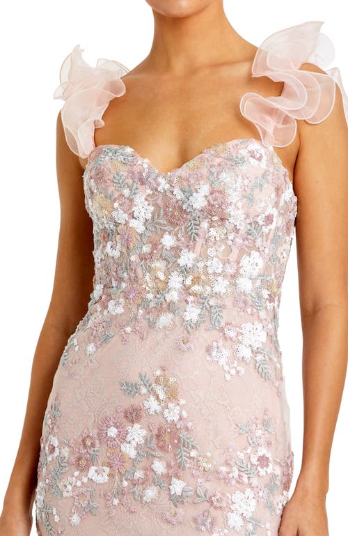 Mac Duggal Embroidered Applique Shoulder Detail Trumpet Gown In Pastel Multi