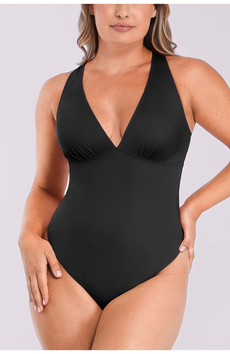 Shapellx AirSlim Deep V-Neck Cross Back Shaping Bodysuit, Main, color, Jet Black