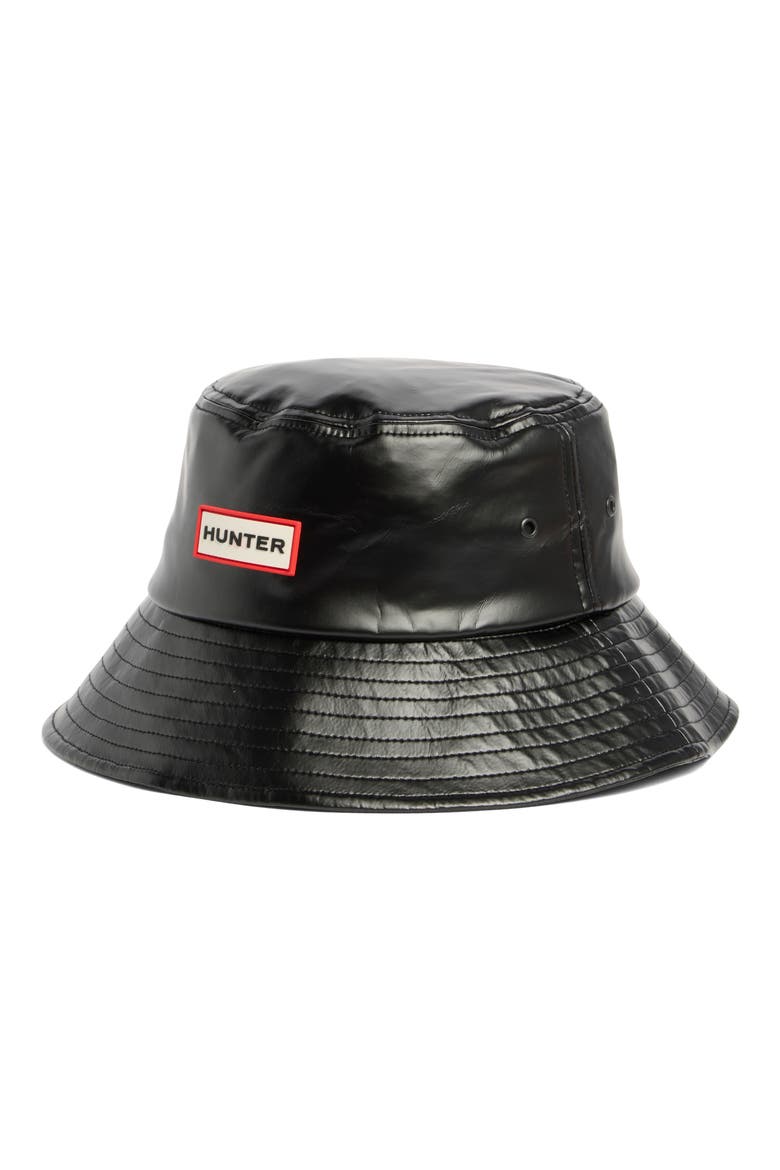 Water Resistant Faux Leather Bucklet Hat, Main, color, BLACK