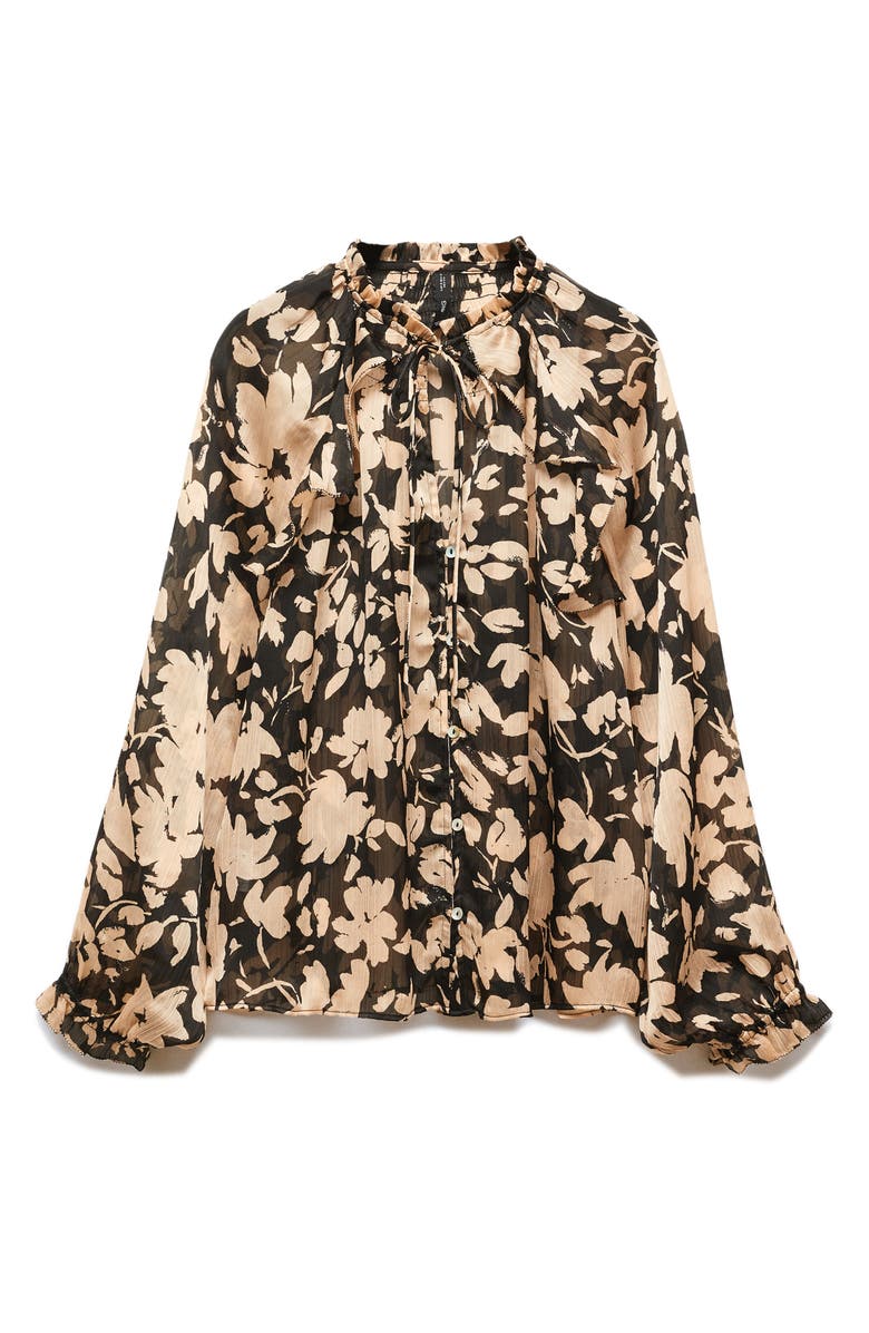 MANGO Flowy Floral Tie Neck Top, Alternate, color, Light Beige