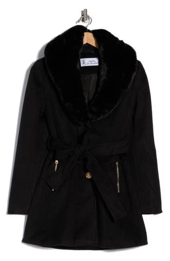 La Fiorentina Belted Faux Fur Collar Coat In Black