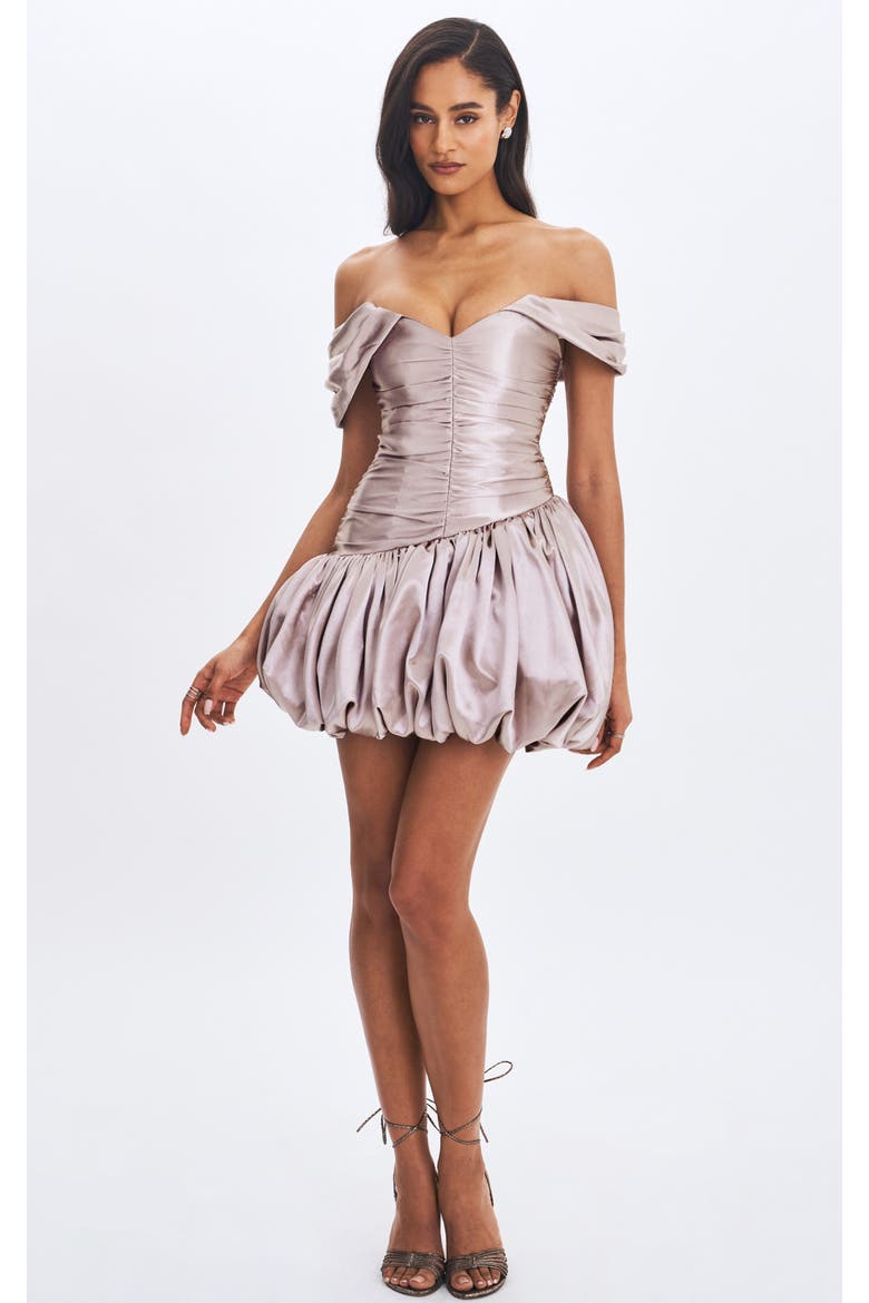Milena Ruched Asymmetrical Bubble Mini Dress, Alternate, color, Champagne