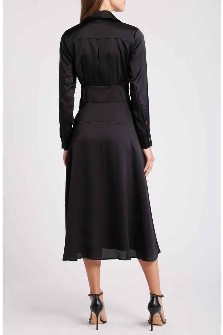 Long Sleeve Hammered Satin Wrap Front Shirtdress, Alternate, color, BLACK