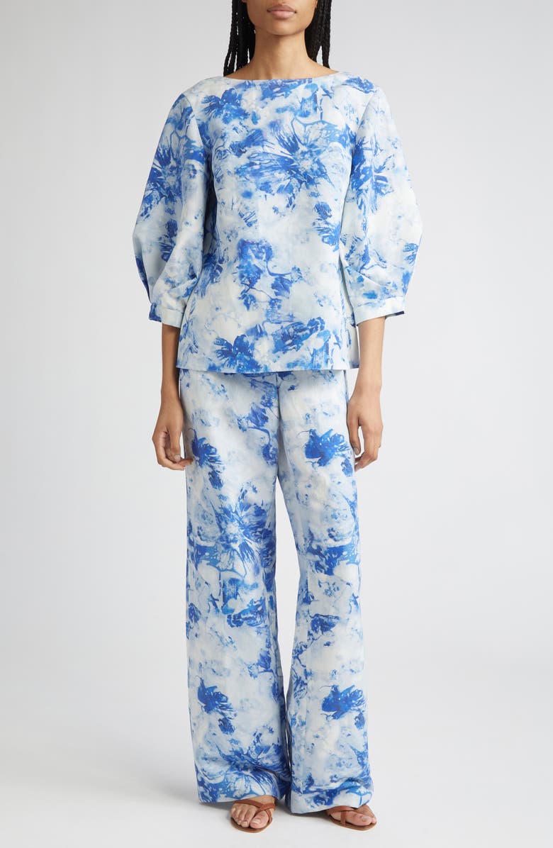 Lafayette 148 New York Floral Balloon Sleeve Silk & Linen Blouse, Alternate, color, Blue Oasis Multi