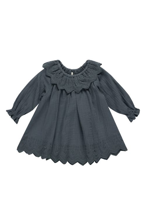 QUINCY MAE Embroidered Long Sleeve Organic Cotton Dress in Indigo 