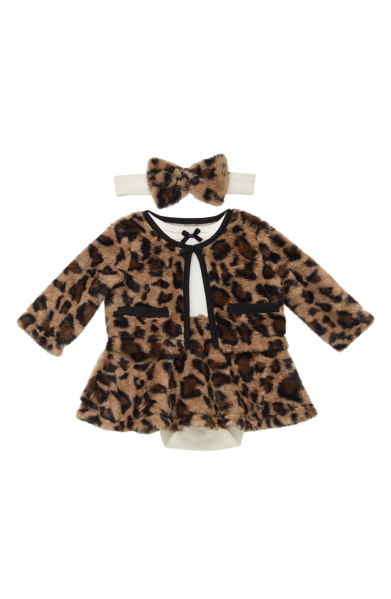 BABY STARTERS Faux Fur Jacket, Long Sleeve Skirted Bodysuit & Headband Set, Alternate, color, 