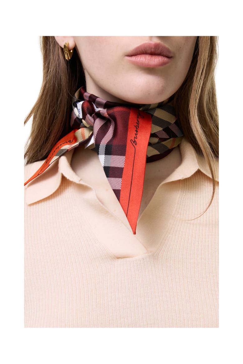 Skinny Contrast Check Silk Scarf, Alternate, color, Sand beige/oxblood red