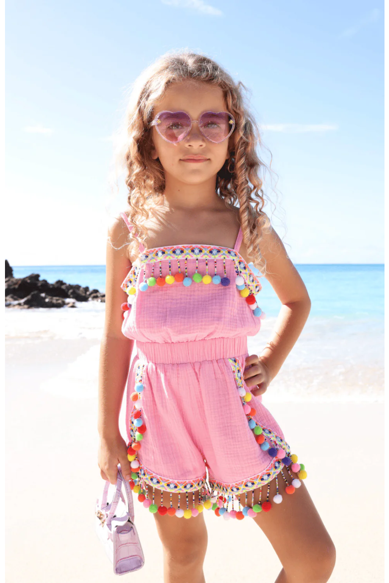 Rainbow Pom Pom Romper, Alternate, color, Pink