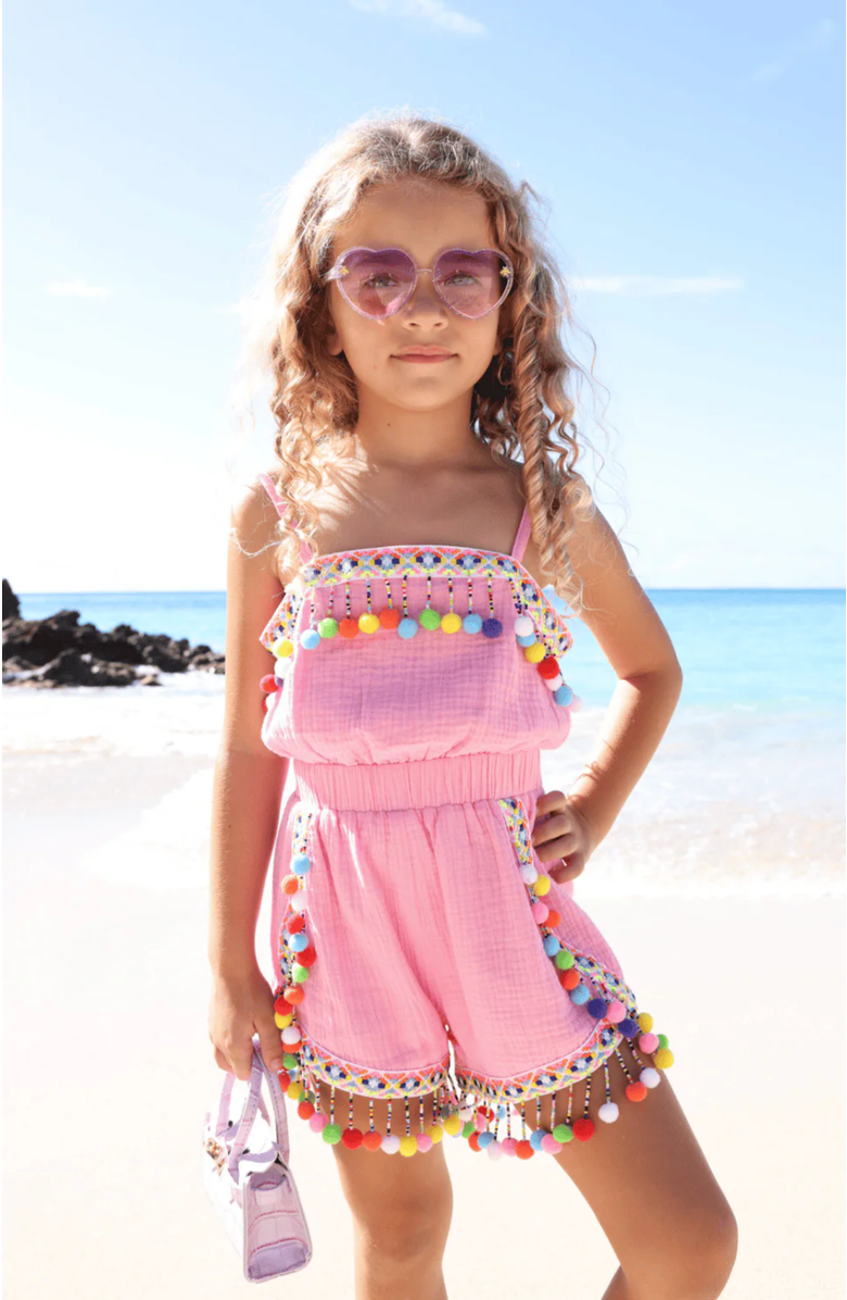Lola + The Boys Rainbow Pom Pom Romper, Alternate, color, Pink