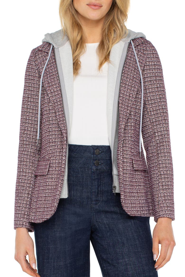 Tweed Blazer with Removable Hoodie Insert, Main, color, WINE MULTI