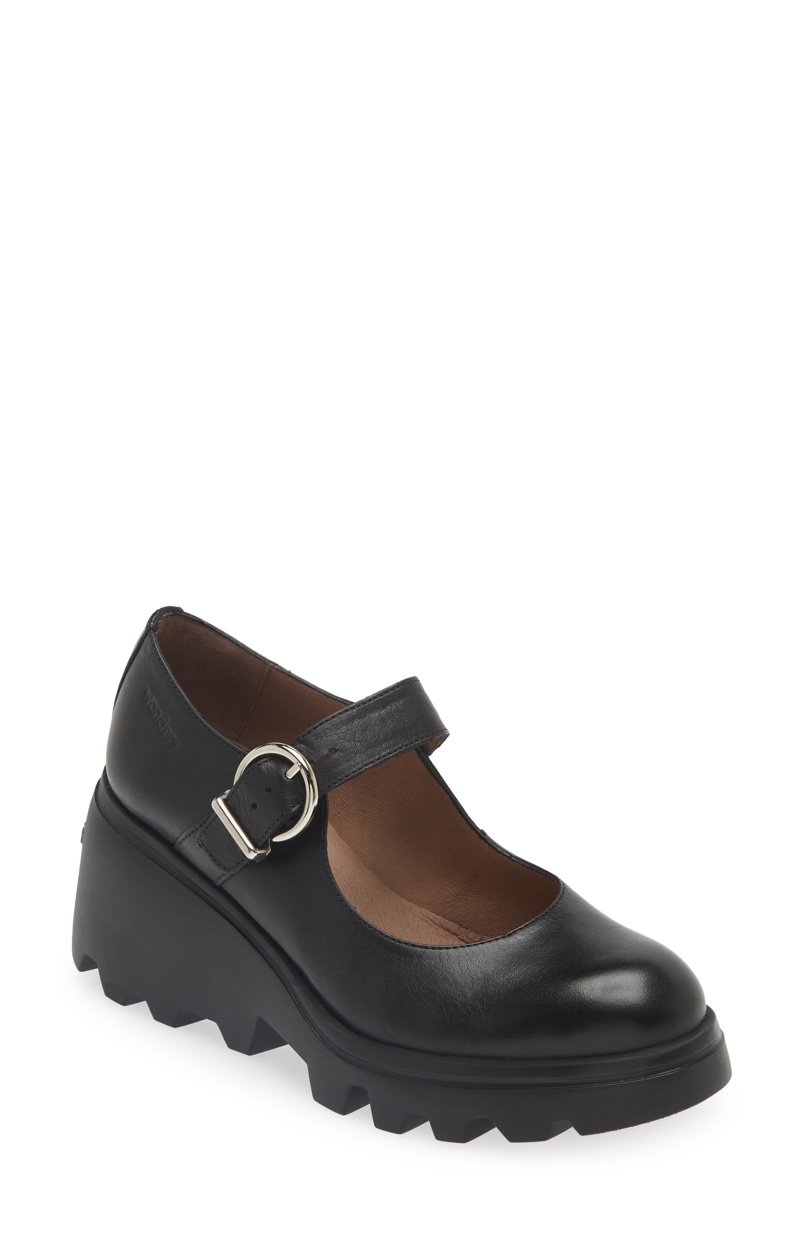 Wonders Wedge Mary Jane, Main, color, Black Leather