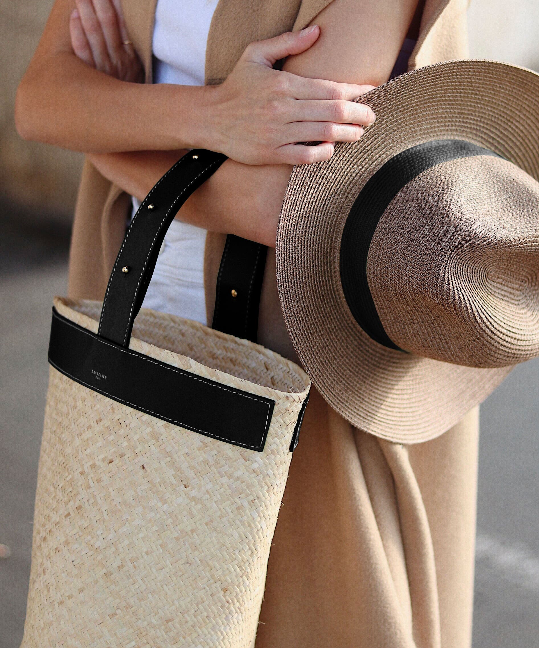 Lastelier Borneo Leather and Straw Bag, Alternate, color, Black