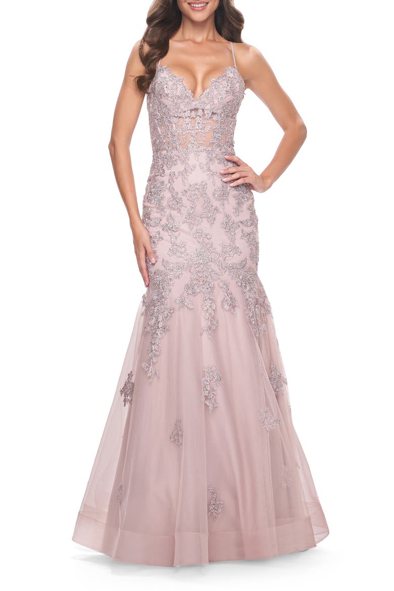 Mermaid Lace Embellished Gown with Illusion Top, Main, color, Mauve