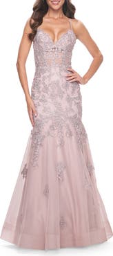 La Femme Mermaid Lace Embellished Gown with Illusion Top