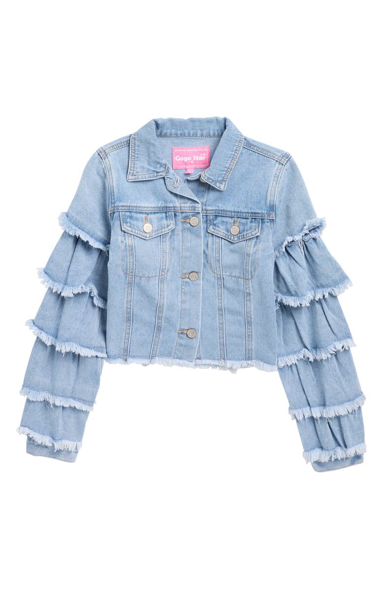 GOGO STAR Kids' Ruffle Sleeve Denim Jacket, Main, color, Light Wash