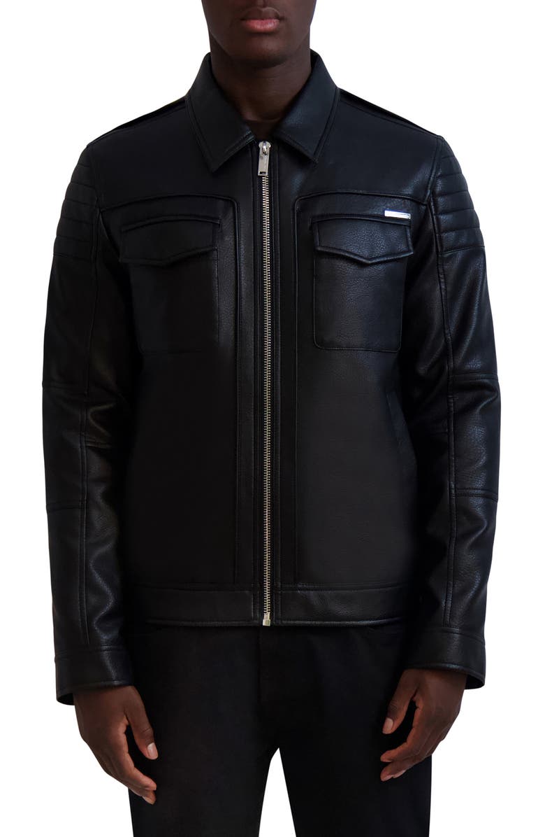 KARL LAGERFELD PARIS Faux Leather Trucker Jacket, Main, color, Black
