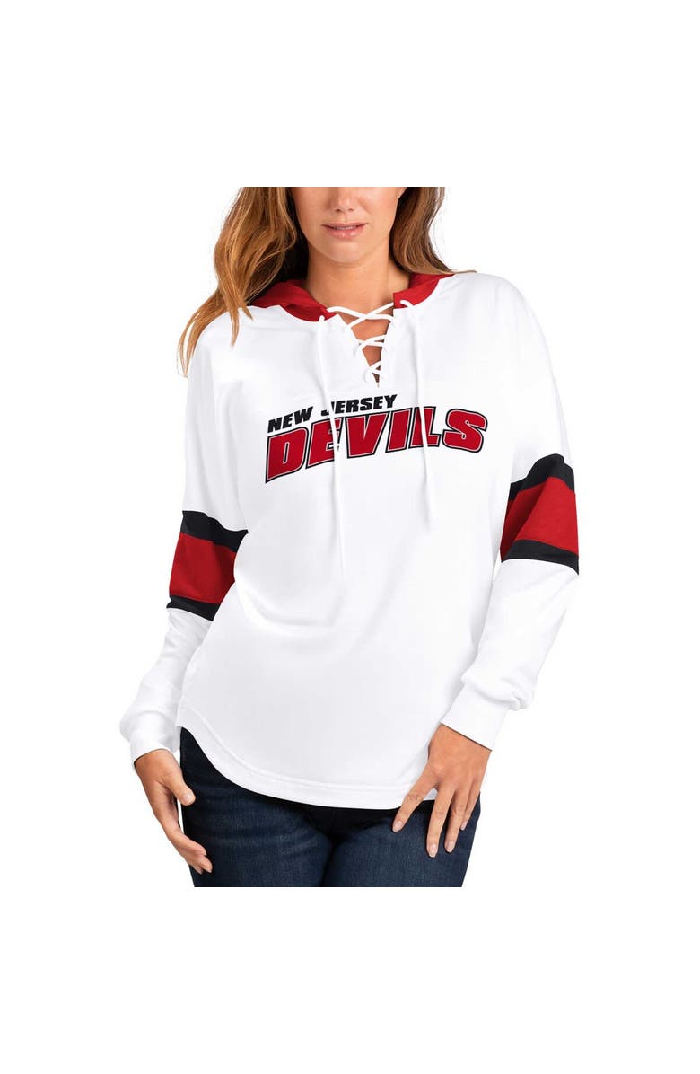 G-III 4HER BY CARL BANKS Women's G-III 4Her by Carl Banks White/Red New Jersey Devils Goal Zone Long Sleeve Lace-Up Hoodie T-Shirt, Main, color,