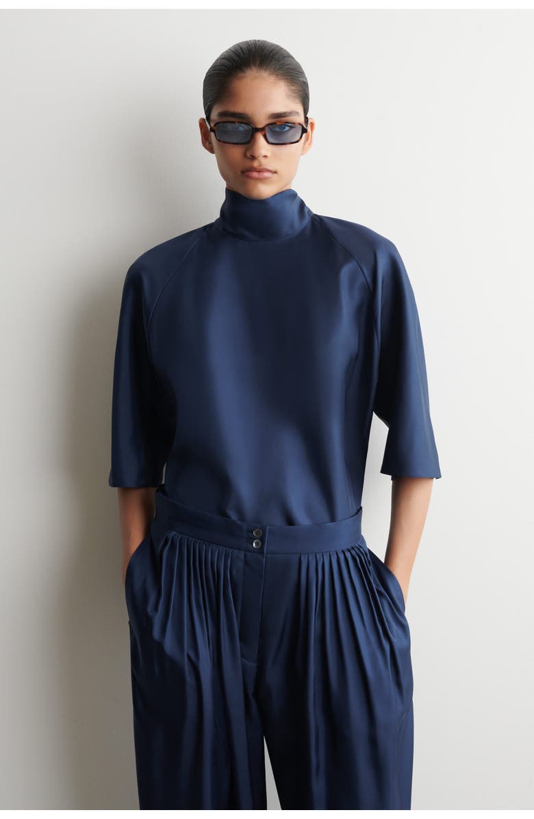 COS Draped Tie-detail Silk Top, Main, color, Navy